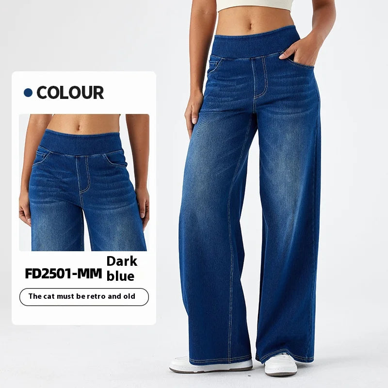 Women's New Large Size Denim Wide-Legged Trousers American High-Waisted Thin Straight Loose Casual Trousers Casual Jeans