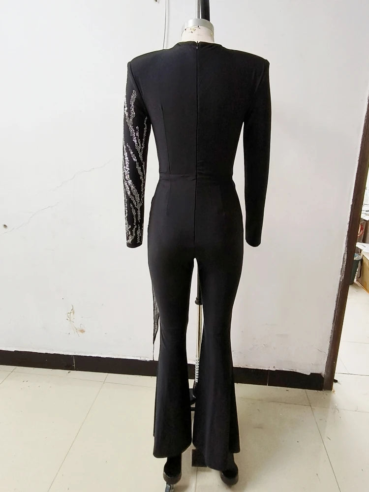Sexy Deep V Neck Sparkly Diamonds Design Jumpsuit Women Long Sleeve Draped Wide Leg Jumpsuit Elegant Evening Club Costume Runway