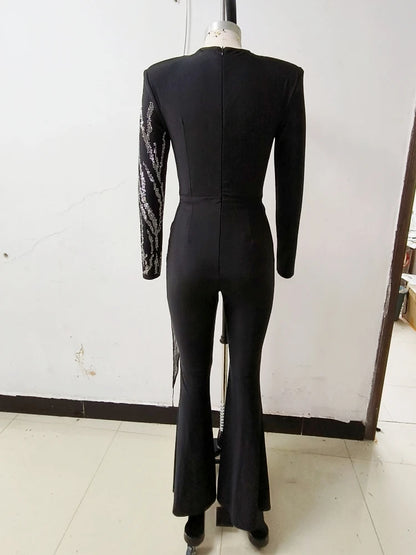 Sexy Deep V Neck Sparkly Diamonds Design Jumpsuit Women Long Sleeve Draped Wide Leg Jumpsuit Elegant Evening Club Costume Runway