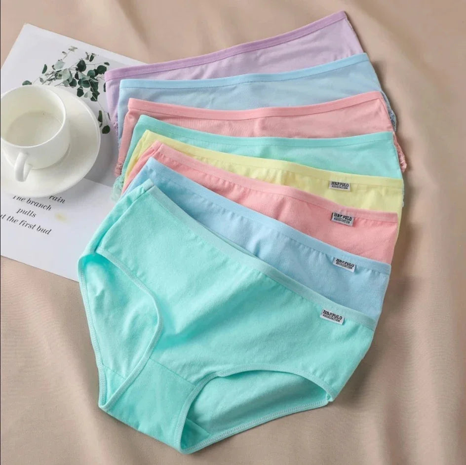 7Pcs/Set Candy Color Underwear Womens Comfortable High-quality Cotton Panties Mid-waist Breathable Underpanties Plus Size Briefs.