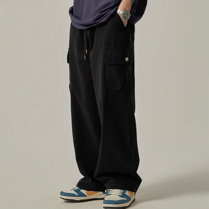 Men's Sweatpants 2025 Spring Autumn Vintage Japanese Wide Leg Straight Loose Button Big Pockets Cargo Pants Drawstring Trousers.