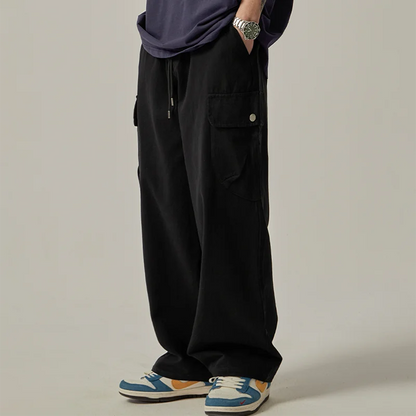 Men's Sweatpants 2025 Spring Autumn Vintage Japanese Wide Leg Straight Loose Button Big Pockets Cargo Pants Drawstring Trousers.