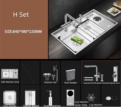 Large Size Nano Meter Cup Rinser Stepped Kitchen Sink 304 Stainless Steel 4mm Thickness Handmade Sinks With Knife Holder