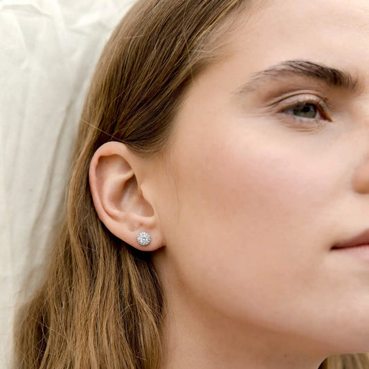 Shevalues 14K Gold Plated Brilliant Round Faux Diamond Halo Earrings Luxury Premium Cubic Zirconia Sterling Silver Post Earring.