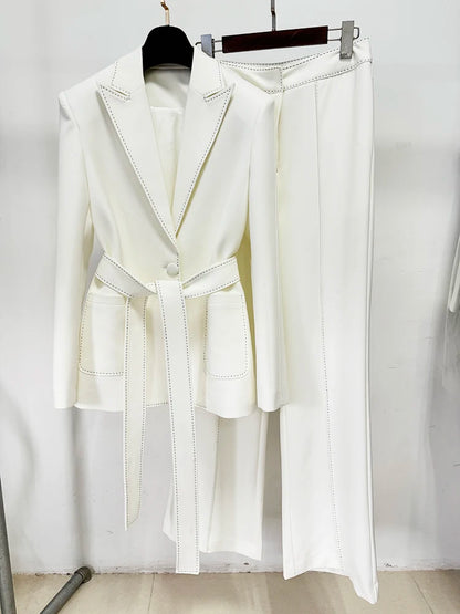 HIGH STREET Newest Fashion 2024 Designer Suit Set Women's Contrast Stitching Belted Blazer Pants Suit 2pcs.