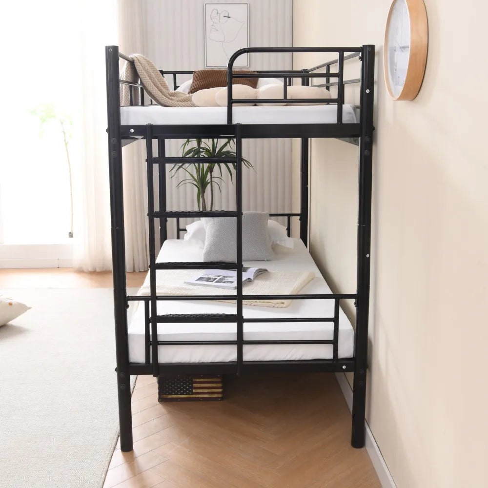 Etagenbett aus Metall, 90 x 200 cm, Etagenbett mit ausklappbarem Bett, erweiterbar auf zwei Einzelbetten oder Erwachsenenbetten, Schwarz