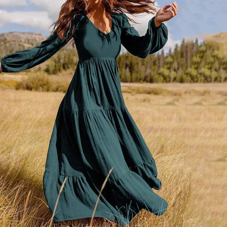 Women Summer dress 2025 new fashion casual solid color v neck long sleeve temperament big swing dresses women vestidos TXGL519.