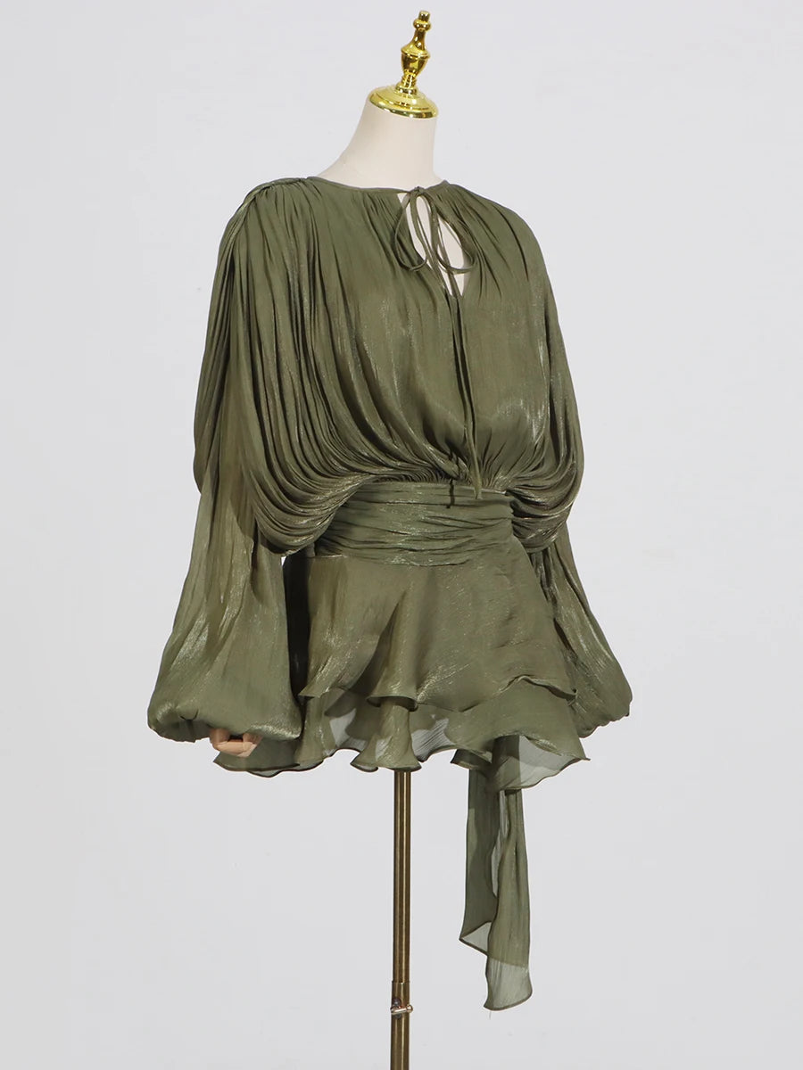 GALCAUR Solide Lose Splicd Lace Up Kleider Für Frauen V-ausschnitt Mit Langen Ärmeln Patchwork Rüschen Tunika Kleider Weibliche Mode Neue