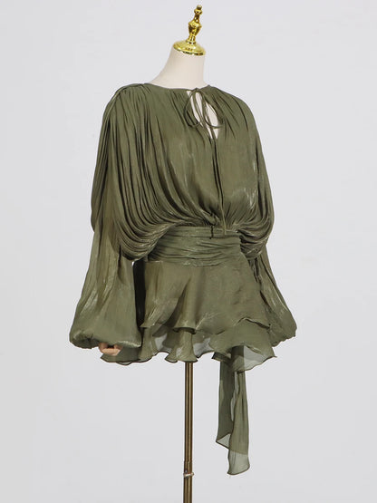 GALCAUR Solide Lose Splicd Lace Up Kleider Für Frauen V-ausschnitt Mit Langen Ärmeln Patchwork Rüschen Tunika Kleider Weibliche Mode Neue