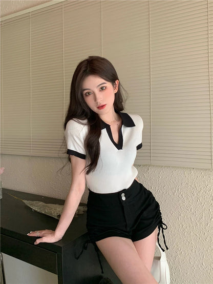 Jielur Spell Color Polo Knitting Women's Blouses Slim Sexy Short Sleeve Summer New Casual Female Blouse Chic Simple Office Lady.