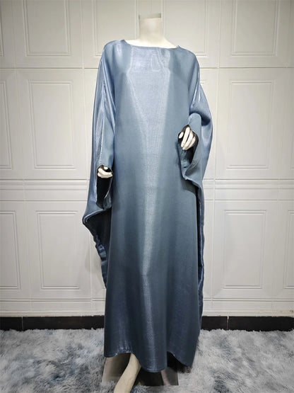 Siskakia Muslim 2024 New Eid Dresses Solid Shiny Satin Batwing Sleeve Modest Kebaya Turkish African Women Abayas Saudi Clothing
