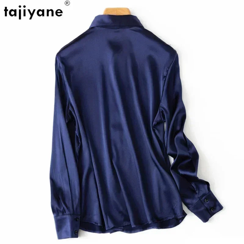 Tajiyane Damen-Langarmshirt aus 93 % Maulbeerseide, 7 % Elasthan, 19 Momme, Satin-Seidenknöpfe, Oberteil, Bluse, Büroarbeit, Chemise Femme