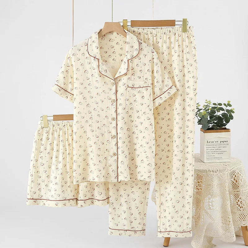 Pajamas pure cotton three-piece set spring and summer thin crepe autumn gauze lapel short-sleeved trousers shorts loungewear set