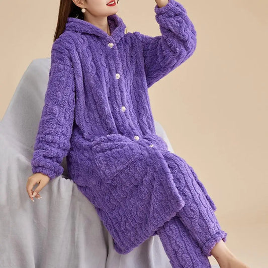 Korallen Samt Frauen Pyjama Set Verdicken Samt Rippen Fleece Set Pullover Hosen Frauen Pyjama Sets 2024, Homewear Frauen Nachtwäsche