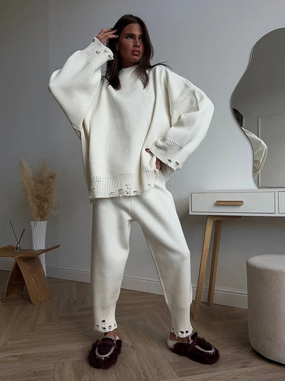 Bornladies Autumn Winter Women's New Turtleneck Knit Sweater Skinny Knit Pants Set Soft Oversized Ripped Hem Fashion Pullover