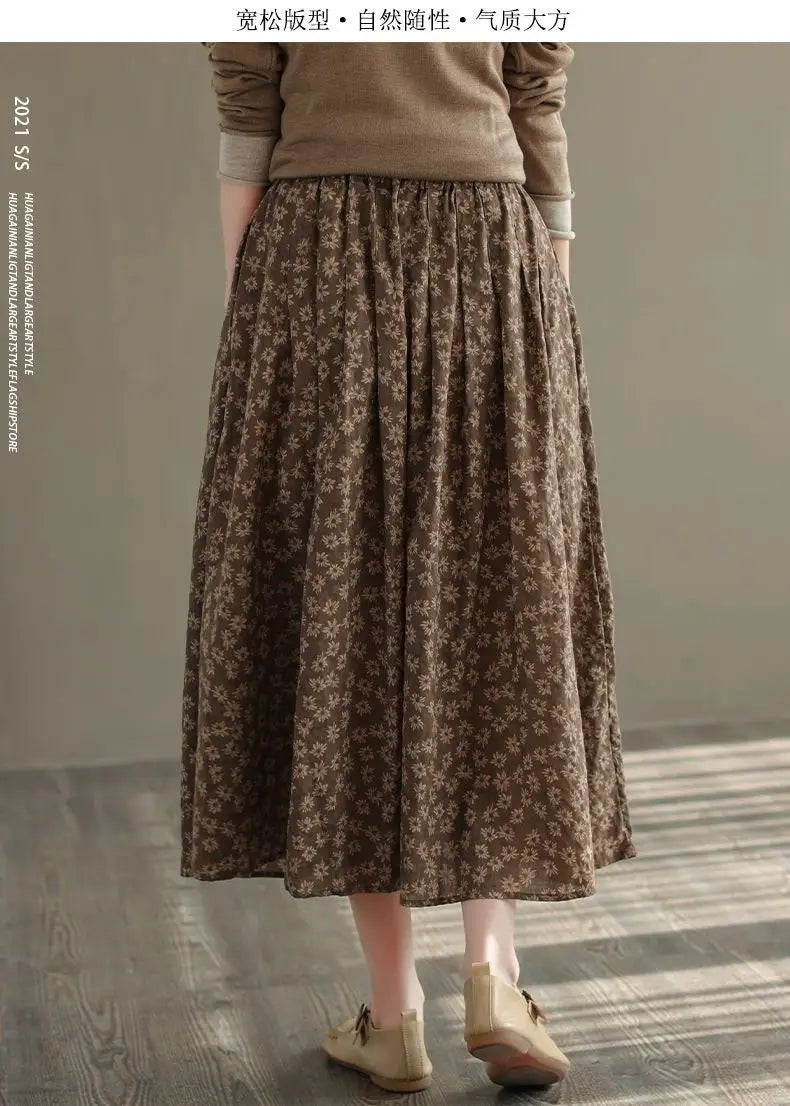 Women Casual Skirts New Arrival 2023 Autumn Vintage Style Floral Print Loose Comfortable Ladies Elegant A-line Long Skirt D536.