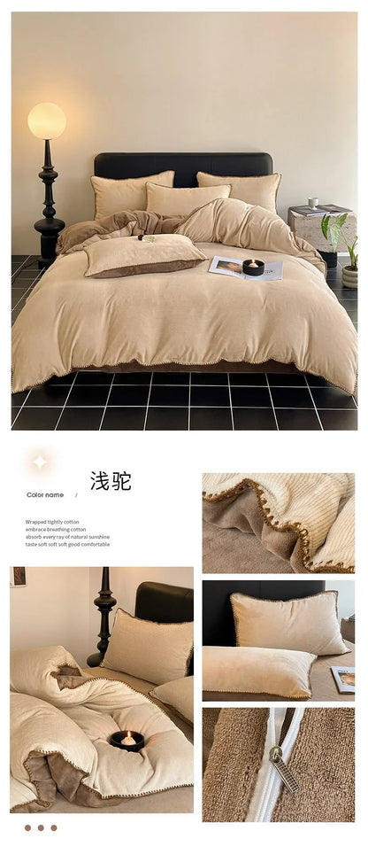 2024 new matte thin strip shell edge winter bed four-piece set milk fleece coral fleece thickened warm bed sheet quilt cover