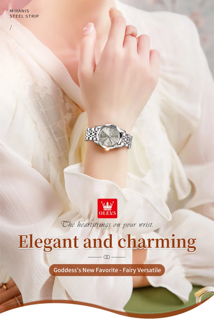 OLEVS Elegant Fashion Ladies Watches 9998 Original Quartz Women's Watches Waterproof Stainless Steel Luminous Date Wristwatch.