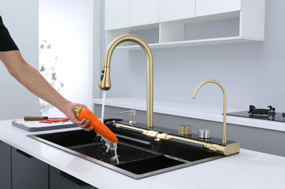 Golden Household Stainless Steel Waterfall Kitchen Sink MultiFunction Wash Vegetable and Dish Countertop Basin Large Single Slot