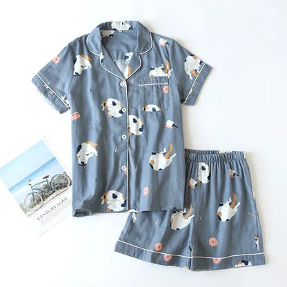 Neue 100% Baumwolle Kurzarm Shorts Damen Pyjama Set niedlichen Cartoon Pyjamas japanische einfache kurze Pyjamas Frauen Nachtwäsche