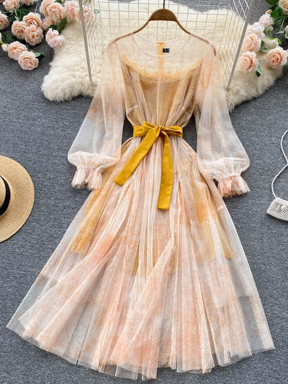 Elegante Frauen Mesh Kleid Vintage Laterne Ärmeln Gedruckt Party Kleider Frühling Sommer Patchwork A Line Bandage Strand Kleid