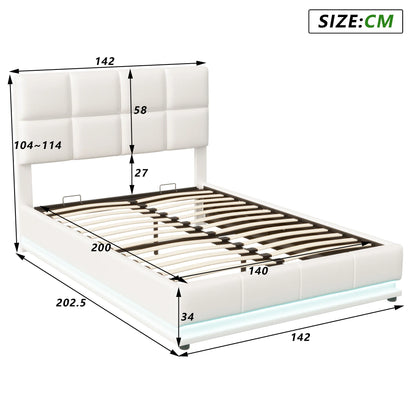 Weißes Polsterbett aus PU-Leder, 140 x 200 cm, Doppelbett mit LED-Beleuchtung, Stauraum unter dem Bett, Bettrahmen mit Lattenrost