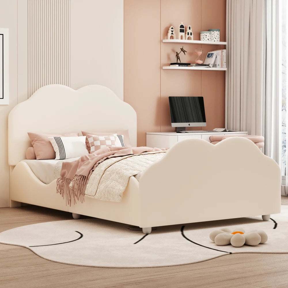 Kinderbett 90 x 200 cm hohes Geländer, Kinderbettgestell mit wolkenförmigem Kopf und Fußteil, Bett aus hautfreundlichem Samt