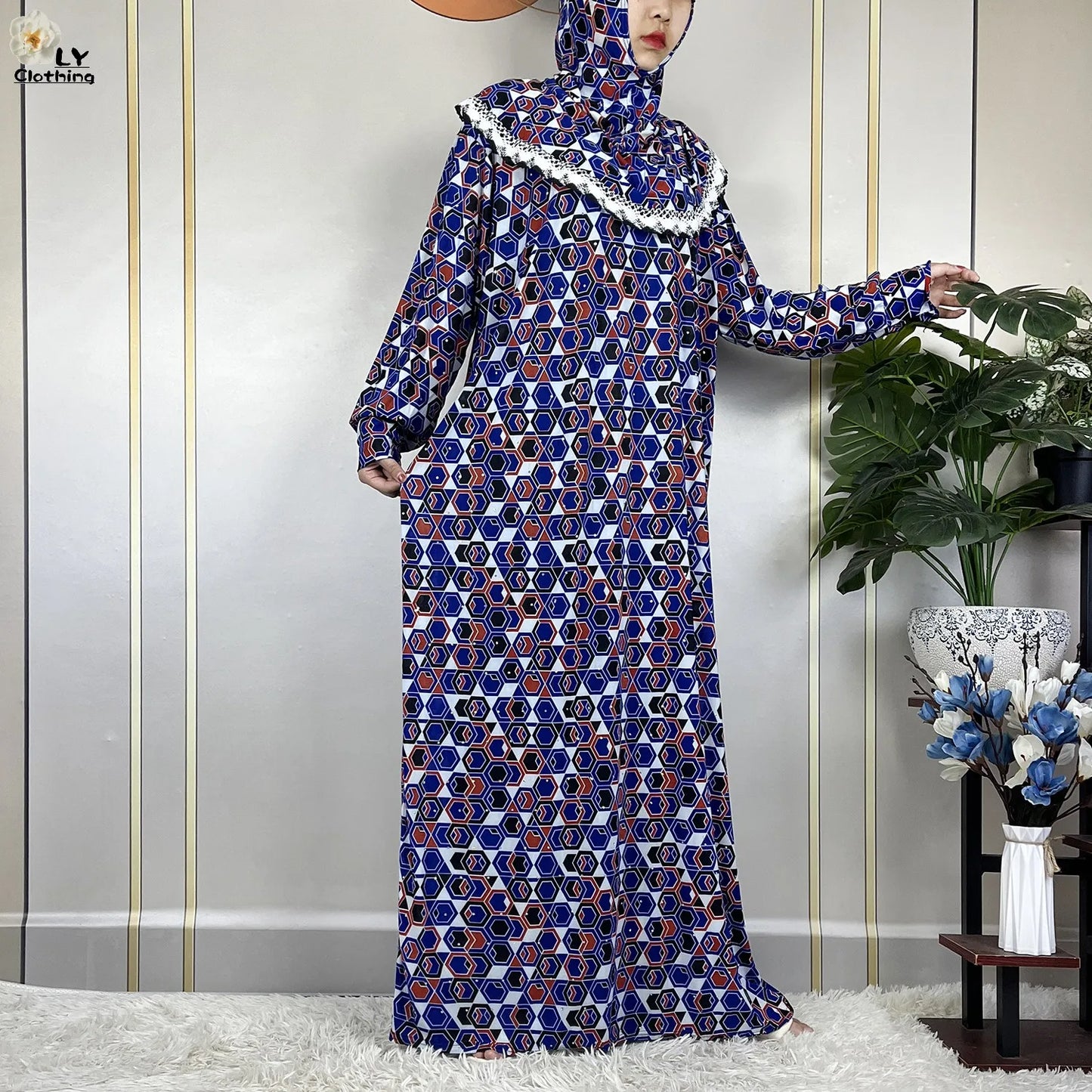 Muslim Ramadan Prayer For Women Long Sleeved Floral 2023Dubai Turkey Middle East Femme Loose Robe African Abayas Headscarf Dress.