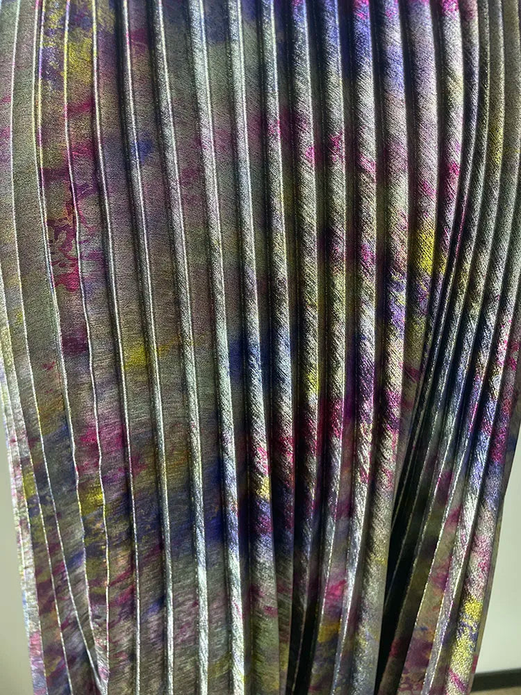 Shiny Colorful Luxury High Waist Metallic Pleated Midi Skirt 2025 Fashion Trends Elastic Waistband Pleated Skirt Old Money Style.