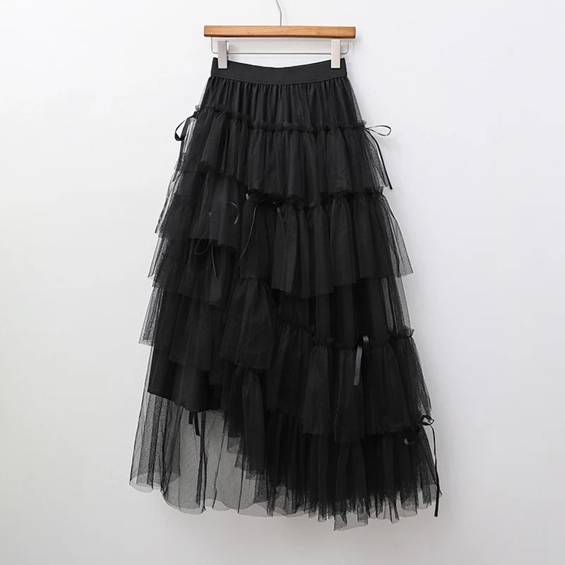 Long Maxi Tulle Skirt Women Sweet Tiered Long Skirt Autumn Winter Women Fashion Korean Mesh Skirt Female Party Skirt Clothes.