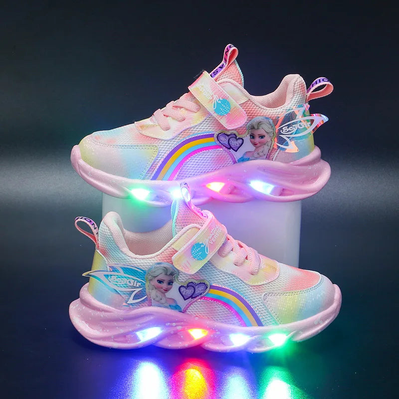 Disney Girls' Casual Shoes Led Lights Mesh Breathable Children's Sports  Princess Elsa Pink Purple Shoes Sneakers Size 22-37.