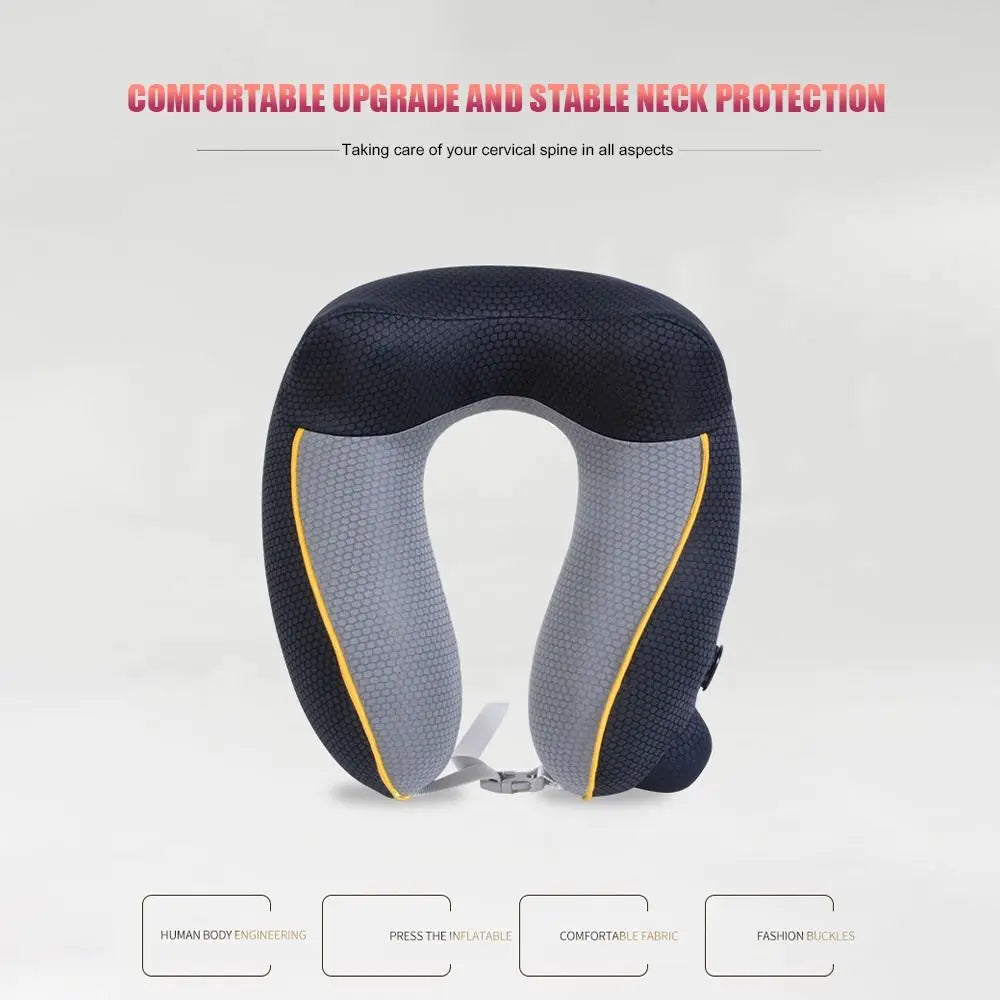 New U-shaped Travel Neck Pillow Elastic Fabric Foldable Inflatable Pillow Press Type Neck Support Cushion Airplane Pillow.