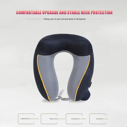 New U-shaped Travel Neck Pillow Elastic Fabric Foldable Inflatable Pillow Press Type Neck Support Cushion Airplane Pillow.