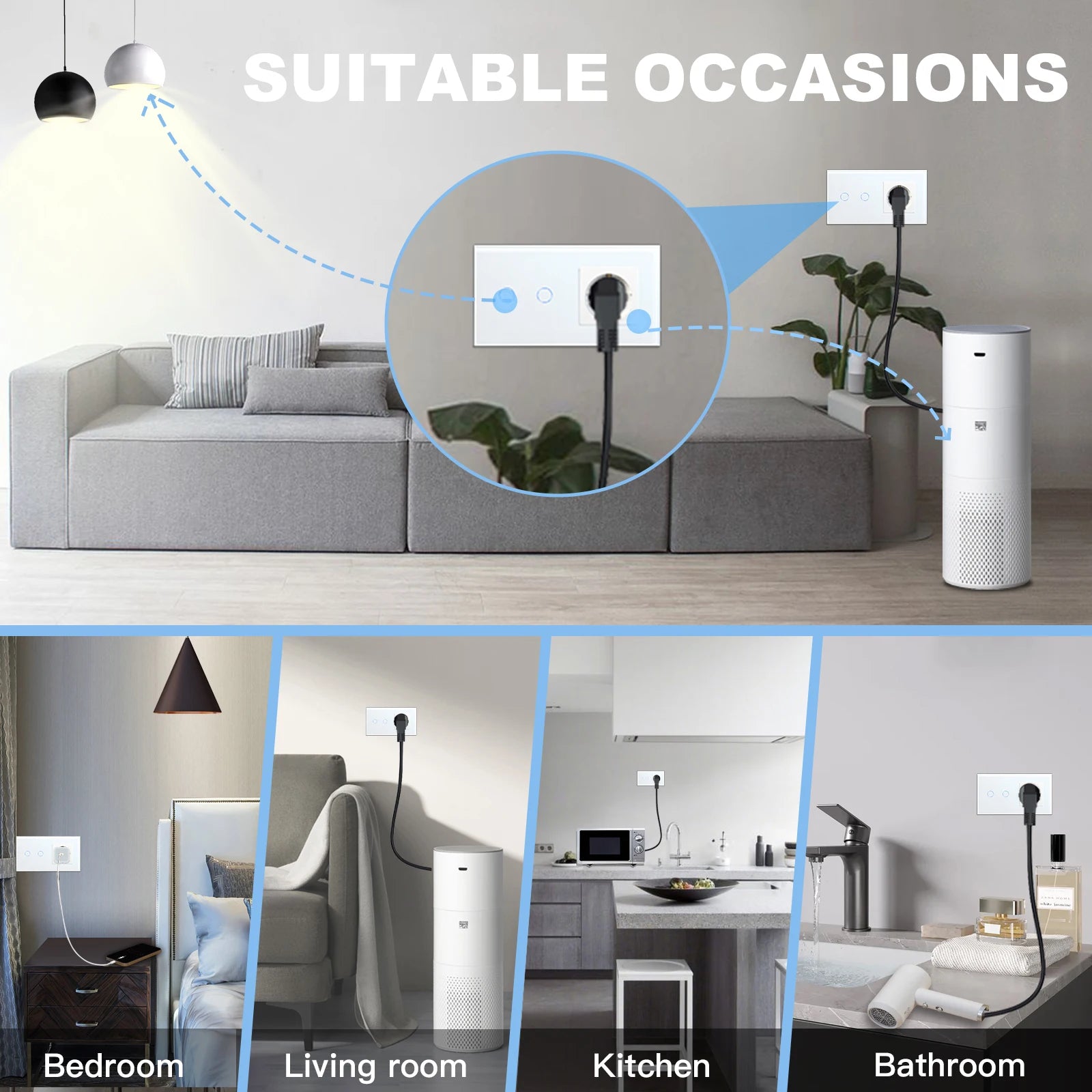 BSEED Touch-Lichtschalter mit EU-Stromsteckdosen, weiße Wand-LED-Schalter, 1/2/3 Gang, 1-Wege-Kristallglas-Panel, dunkle Hintergrundbeleuchtung.