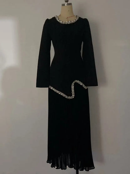 Eid Women Dress Muslim Abaya Pleated Shirt Skirt 2 Piece Set Diamond Party Ramadan Long Dresses Vestidos Largos Arab Long Robe