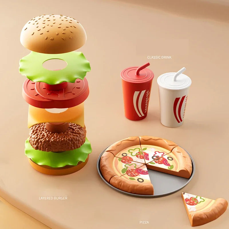 Kid Kitchen Toy Set Simulation Make Hamburger Pizza Fries Pretend Play Food Cooking Cutting Game Montessori Interactive Toy Gift.
