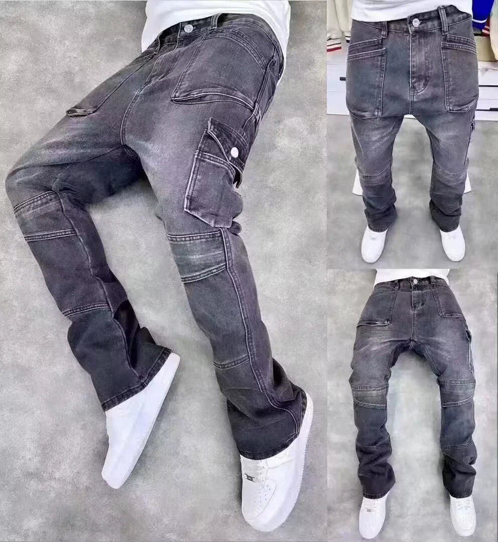 2025 Vintage Men's Jeans Distressed Vibe Bell Bottoms Clean Fit Woodworking Workwear Denim Pants For Outdoor Trade.