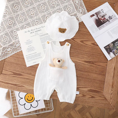 2024 sommer Solide Weiß Atmungsaktive Leinen Infant Baby Insgesamt Strampler mit Puppe und Hut 3 stücke Unisex Baby Sonnencreme Overalls.