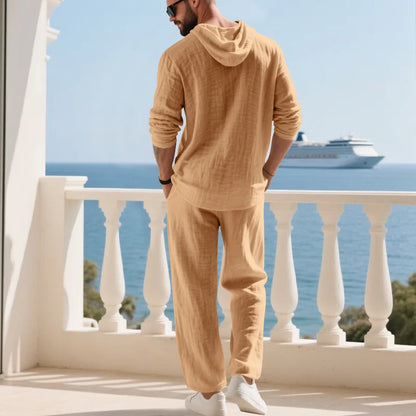 Cross-border Autumn Linen Men's Casual Suit Loose Hooded Henley Shirt Long Sleeve Pants Suit