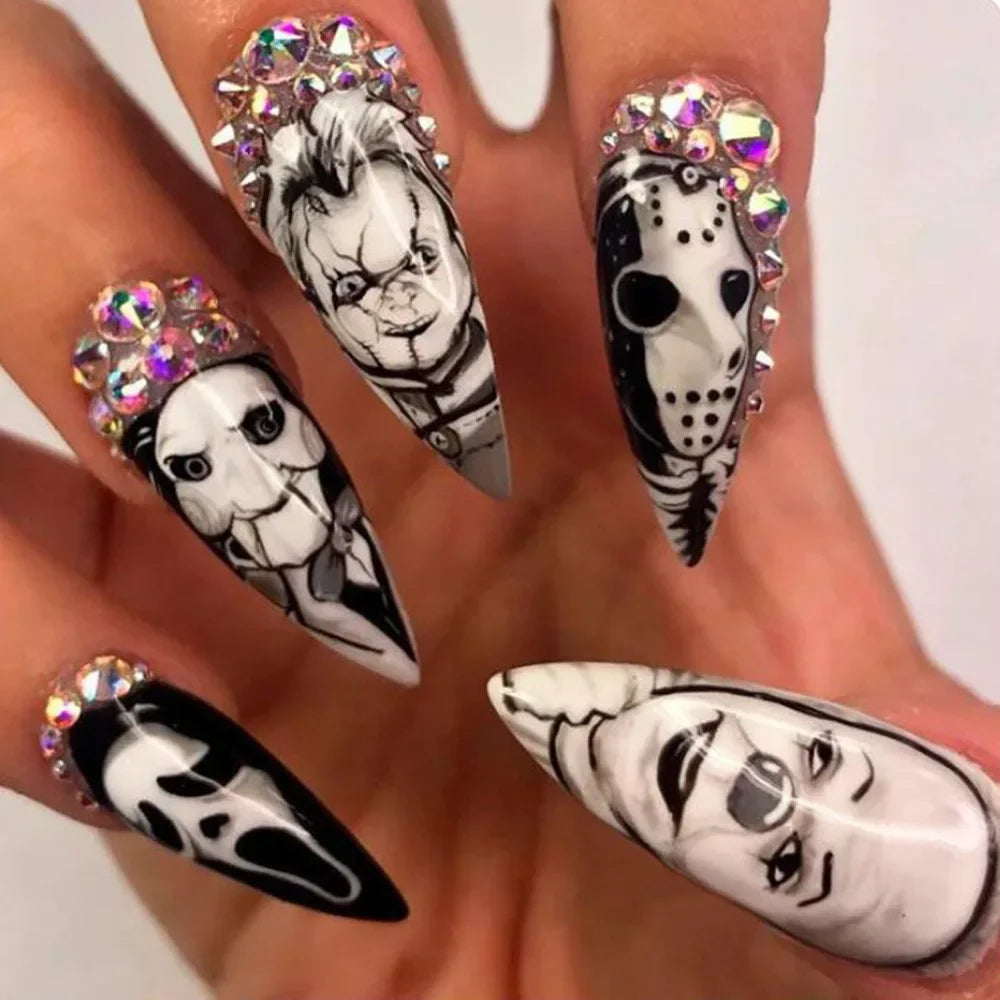 24Pcs Glossy Long Almond Halloween Press On Nails Black And White Horror Style Fake Nails With Rhinestone Reusable False Nails.