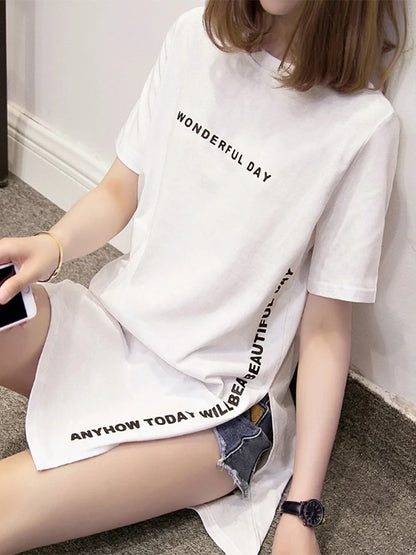 WONDERFUL DAY Print Long T shirts Summer Women Loose Slit Femme Tops  Tshirt Short sleeve Ladies t-shirt