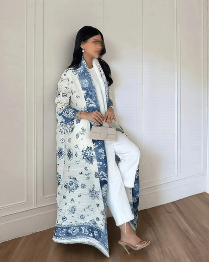 Langer Herbstmantel für Damen, Retro-bedruckt, langärmelig, muslimisches Abaya, Saudi-Mode, faltiger Taillengürtel.