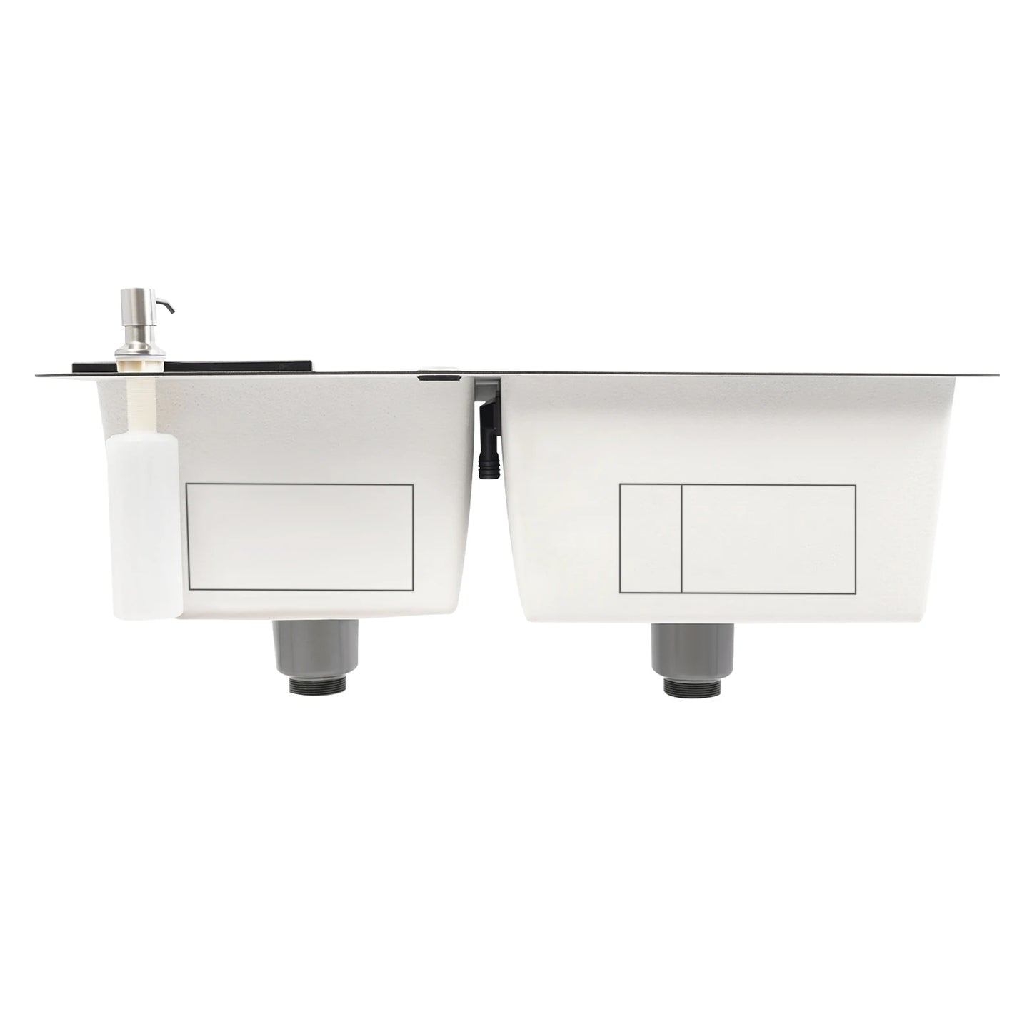 Doppelschüssel-Küchenspüle mit Seifenspender, Abflusskorb, Rohre, Edelstahl 304, 78 x 43 x 22 cm, zusätzliche Aufbewahrung für Restaurants