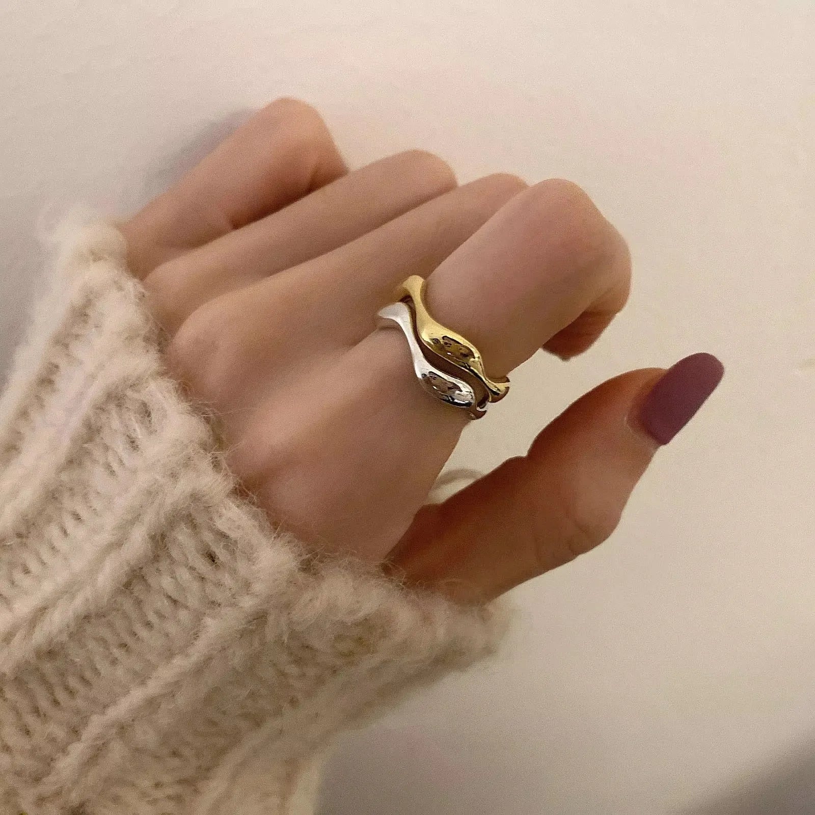 VENTFILLE 925 Sterling Silver Irregular Design Wave Golden Stackable Finger Rings Trendy Adjustable For Women Gifts Dropshipping.
