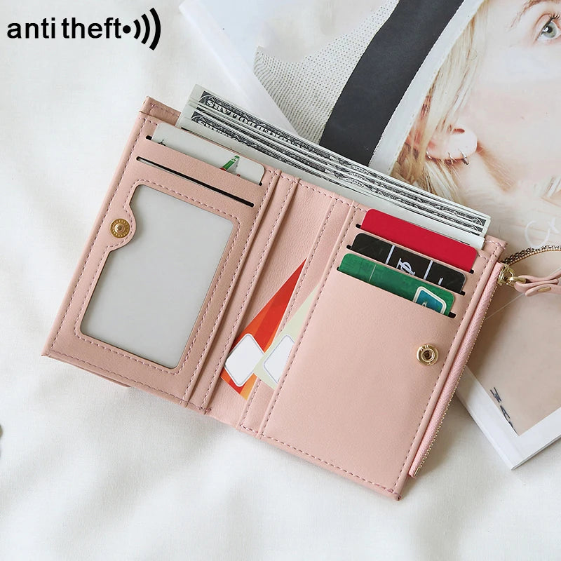RFID Anti-Theft Short Card Bag for Women, Brush, PU, Solid Color, Zipper Buckle, Multi-functional Fashion, Small Purse.