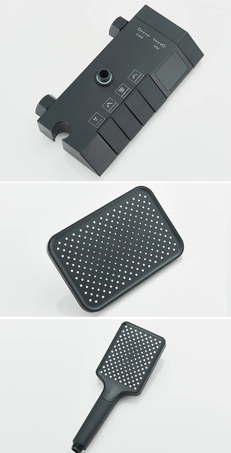 Rozin Black Smart Digital Display Shower Faucet Set Piano Style Rainlfall Bathroom System Grey Digital Mixer Tap Bidet Shower