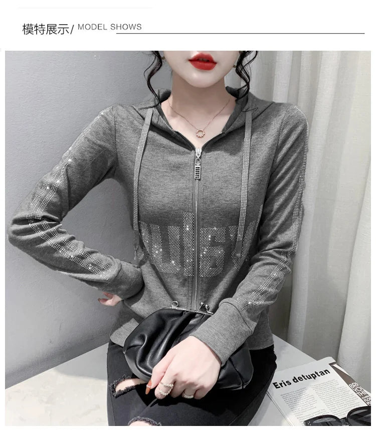#7937Black Grey Women Hoodies Sweatshirt Tops Pullovers Diamonds Letters Slim Streetwear Short Hoodies Woman Zipper Korean Style.