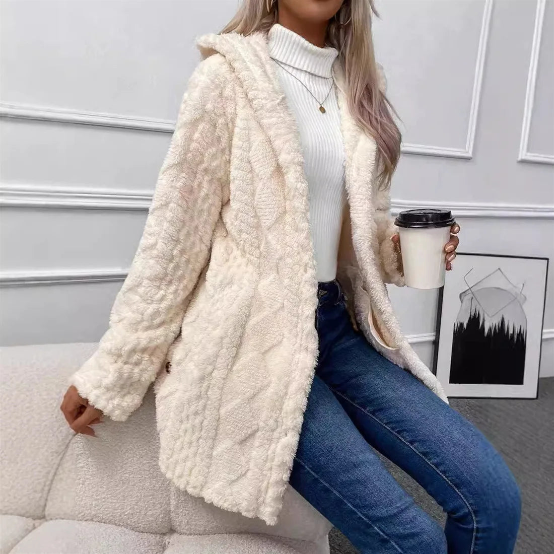 Women Cardigan Hoodie Jacket Autumn Winter Argyle Textured Pattern Hooded Irregular Hem Buttons Fleece Oversized Outerwear Coat.