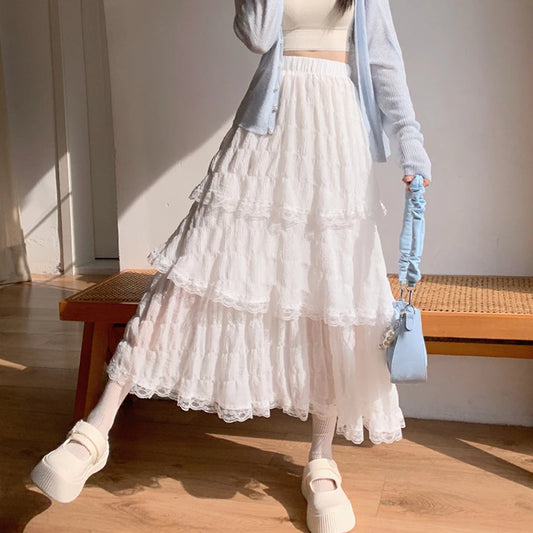 Sweet Lace Women Cake Puff Chiffon Skirts Summer Stylish Tierred Pleated Hem Solid Long Skirt Korean A-Line High Waist Skirts.