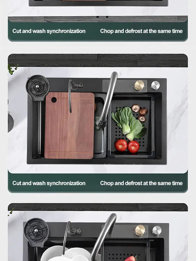 Kitchen Sink 304 Stainless Steel Rain Waterfall Single Trough Honeycomb Large Single Trough Washing Basin